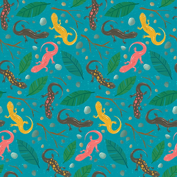 Newts in Turquoise from the Backyard Bugs Collection - Paintbrush Fabrics