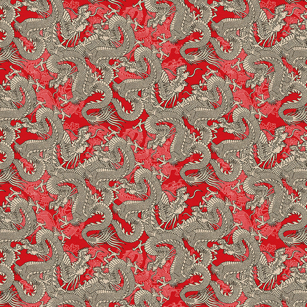 Dragons in Red from the Kimonos & Koi Collection - Paintbrush Fabrics