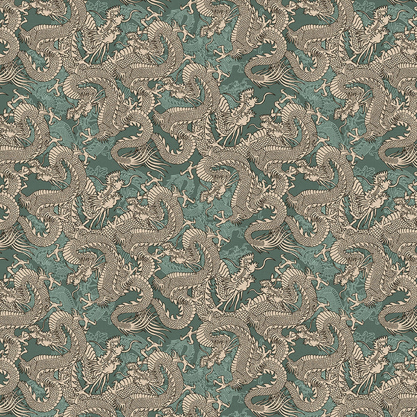 Dragons in Teal from the Kimonos & Koi Collection - Paintbrush Fabrics