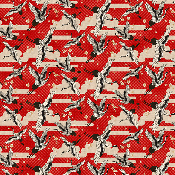 Cranes in Red from the Kimonos & Koi Collection - Paintbrush Fabrics