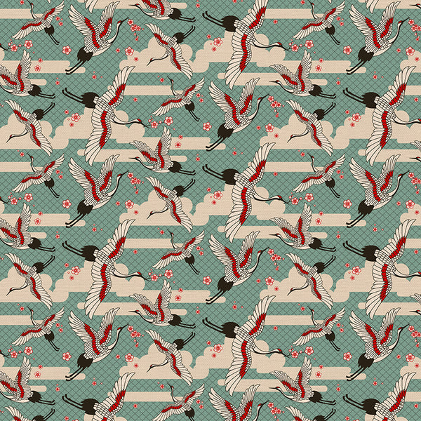 Cranes in Teal from the Kimonos & Koi Collection - Paintbrush Fabrics