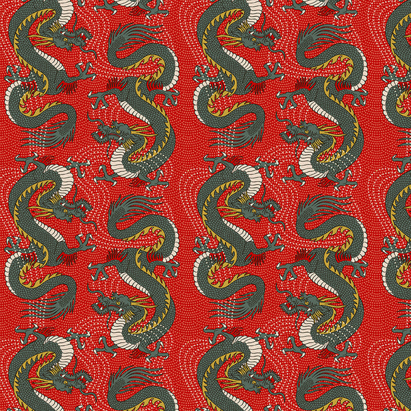 Bold Dragon in Red from the Kimonos & Koi Collection - Paintbrush Fabrics