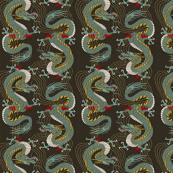 Bold Dragon in Black from the Kimonos & Koi Collection - Paintbrush Fabrics