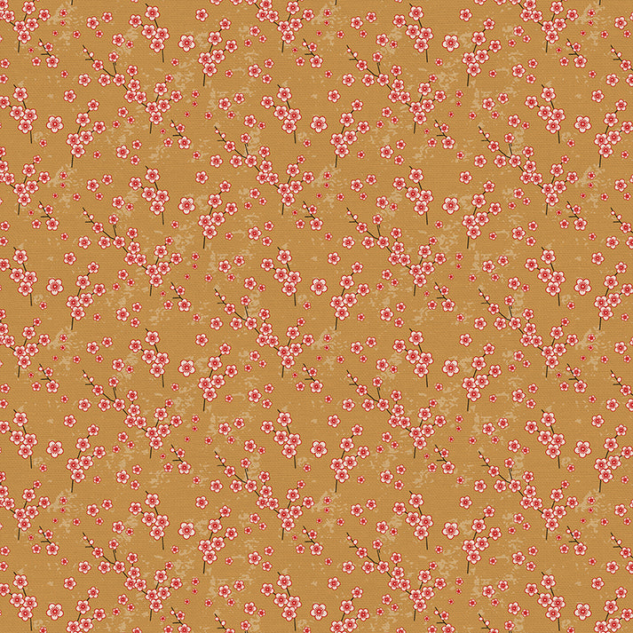 Cherry Blossom in Gold from the Kimonos & Koi Collection - Paintbrush Fabrics