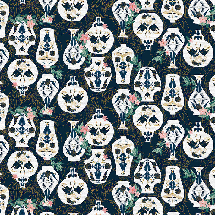 Decorative Pots in Navy from the Year of the Snake Collection - Paintbrush Fabrics