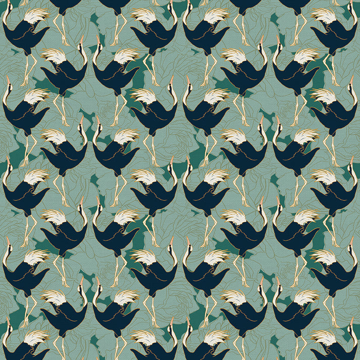 Cranes in Green from the Year of the Snake Collection - Paintbrush Fabrics