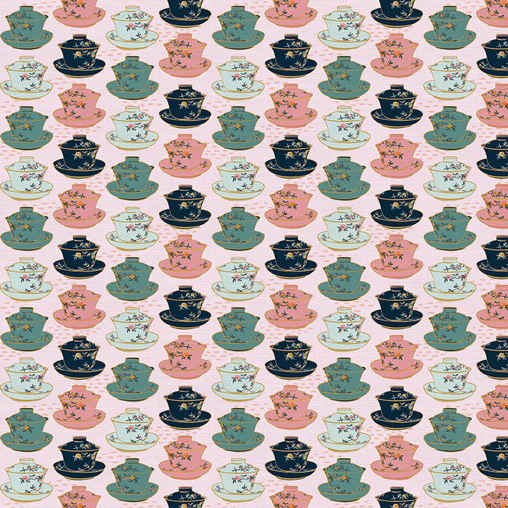 Teapots in Pink from the Year of the Snake Collection - Paintbrush Fabrics