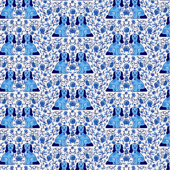 Porcelain Dogs in Blue & White from the Chinoiserie Collection - Paintbrush Fabrics