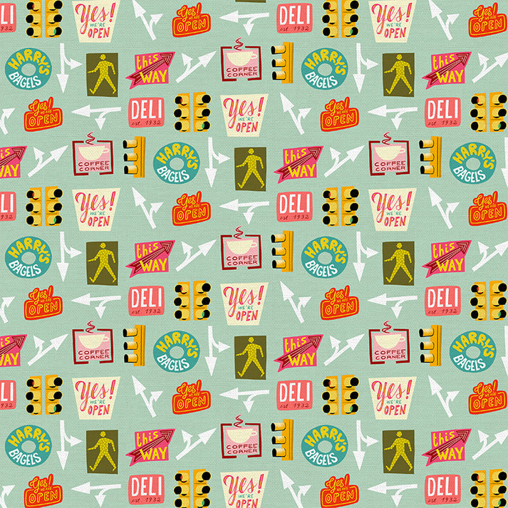 Street Life Icons in Blue from the City Life Collection - Paintbrush Fabrics