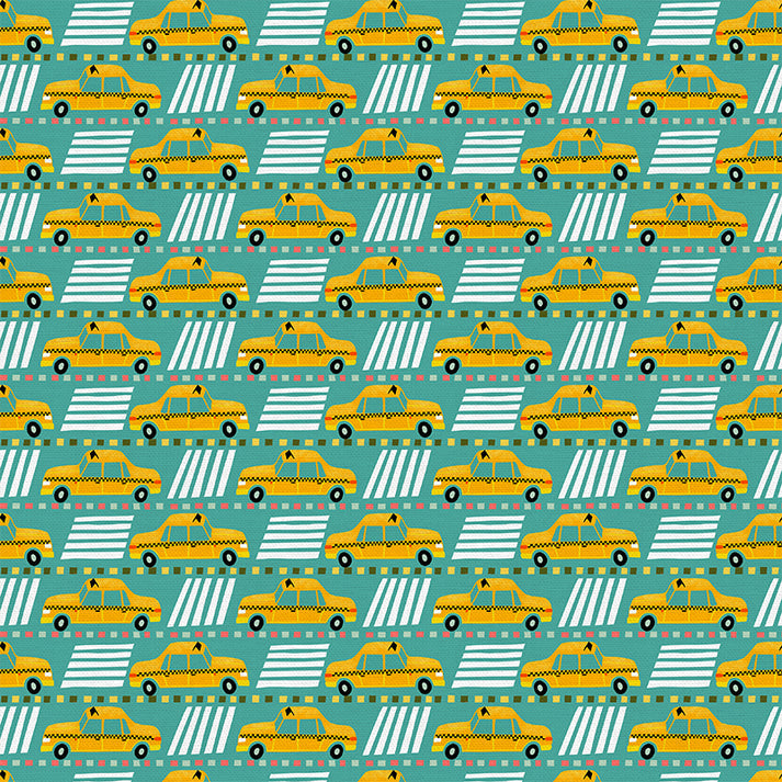 Yellow Cab in Blue from the City Life Collection - Paintbrush Fabric