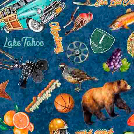 California Dreaming-California Icons in Navy from QT Fabrics