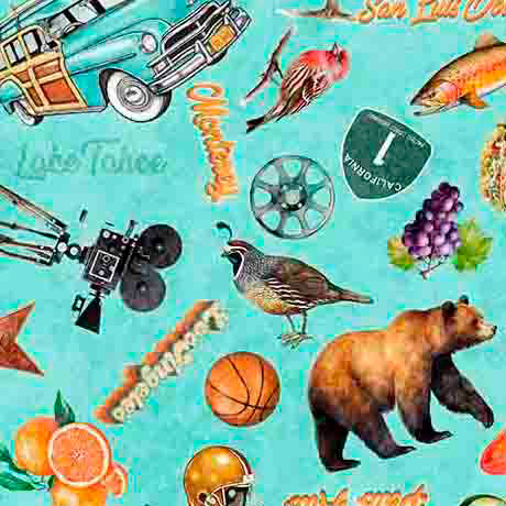 California Dreaming-California Icons in Turquoise from QT Fabrics