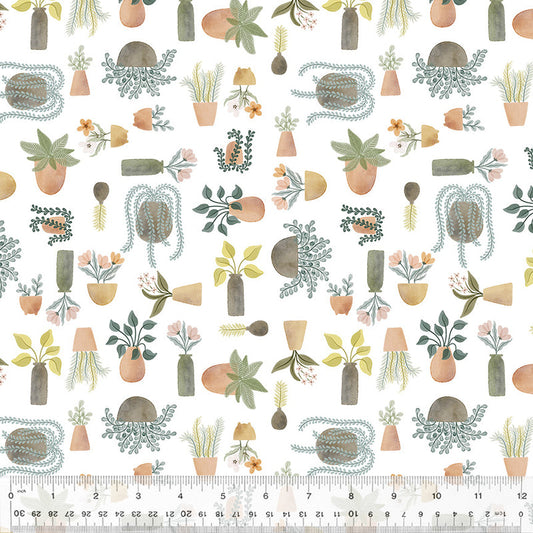 Potted Plants in White from the Petal & Purr Collection by Whistler Studios - Windham Fabrics