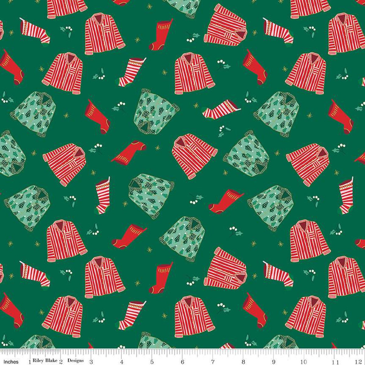 Flannel - Christmas Pajames on Green from Riley Blake Fabric by Mind's Eye