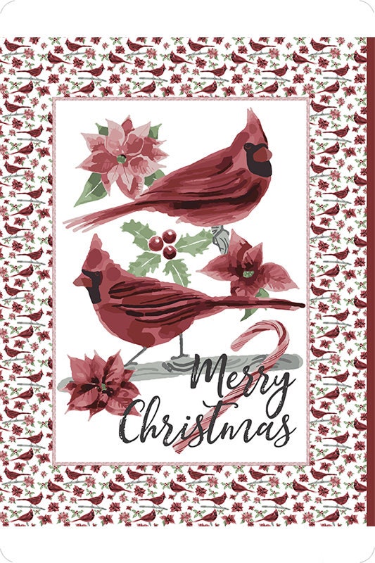 Minky Panel-DISCONTINUED- Merry Christmas Cardinal Birds Digital Cuddle® in Merlot from Shannon Fabrics- Approx 45"x60"