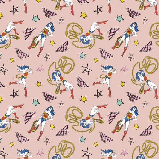 Minky -DISCONTINUED-Digital Cuddle- Wonder Woman Doodle in Pink from EZ Fabrics