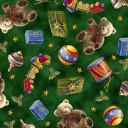 Toys in Forest Green from the Checking it Twice Collection by ©Marcello Corti for QT Fabrics- 100% Cotton