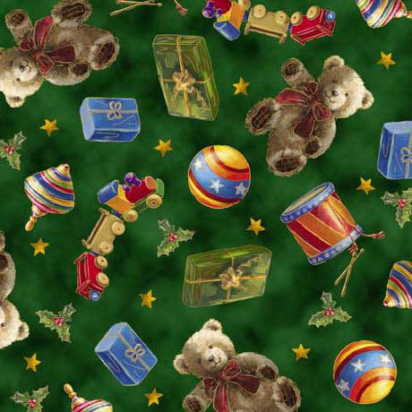Toys in Forest Green from the Checking it Twice Collection by ©Marcello Corti for QT Fabrics- 100% Cotton