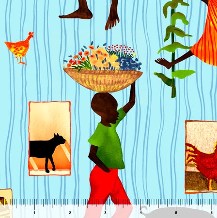 Scenic Toss Africa Daily Life in Aqua Blue from Joyful Days Collection by Julia Cairns for QT Fabrics - 100% Cotton - You Choose the Cut