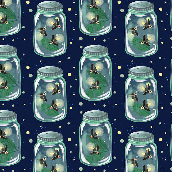 Firefly Jars in Navy from the Backyard Bugs Collection - Paintbrush Fabrics