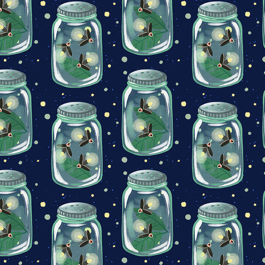 Firefly Jars in Navy from the Backyard Bugs Collection - Paintbrush Fabrics