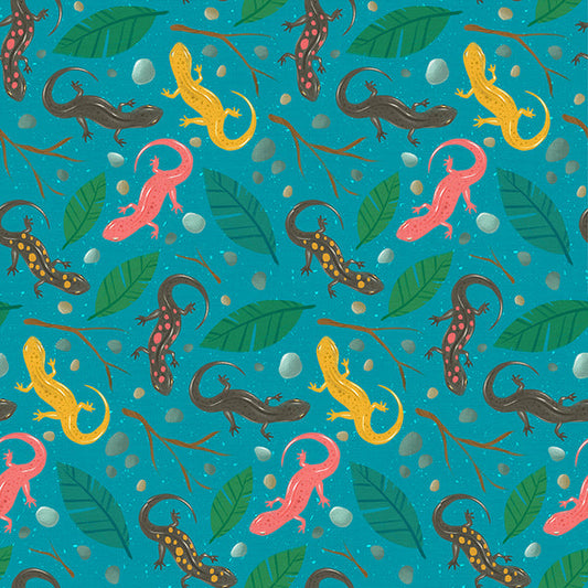 Newts in Turquoise from the Backyard Bugs Collection - Paintbrush Fabrics