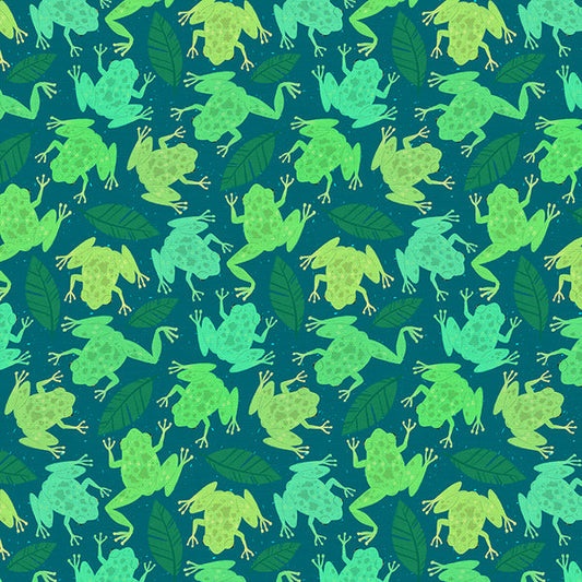 Frogs in Teal from the Backyard Bugs Collection - Paintbrush Fabrics