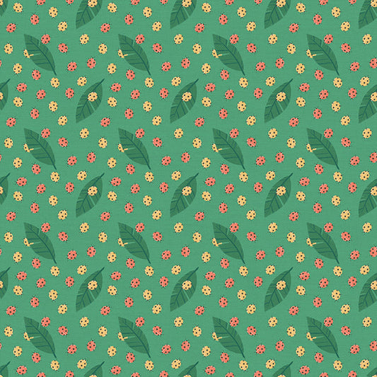 Ladybugs in Green from the Backyard Bugs Collection - Paintbrush Fabrics
