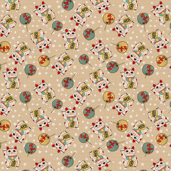 Lucky Cat from the Kimonos & Koi Collection - Paintbrush Fabrics