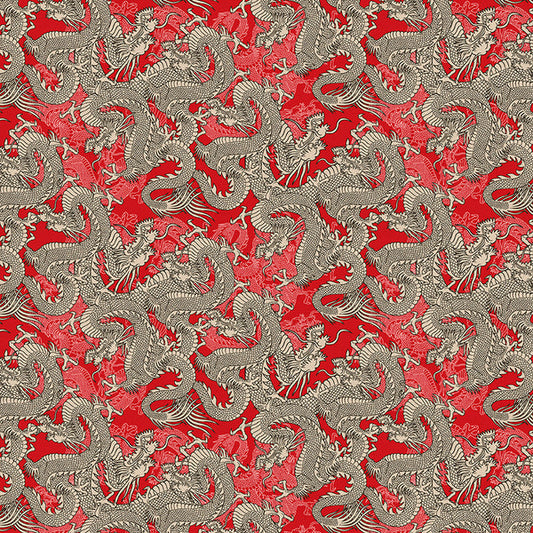 Dragons in Red from the Kimonos & Koi Collection - Paintbrush Fabrics