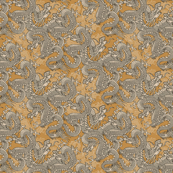 Dragons in Gold from the Kimonos & Koi Collection - Paintbrush Fabrics