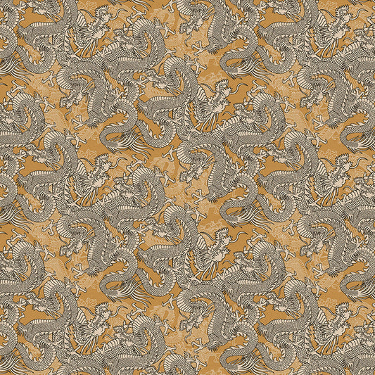 Dragons in Gold from the Kimonos & Koi Collection - Paintbrush Fabrics