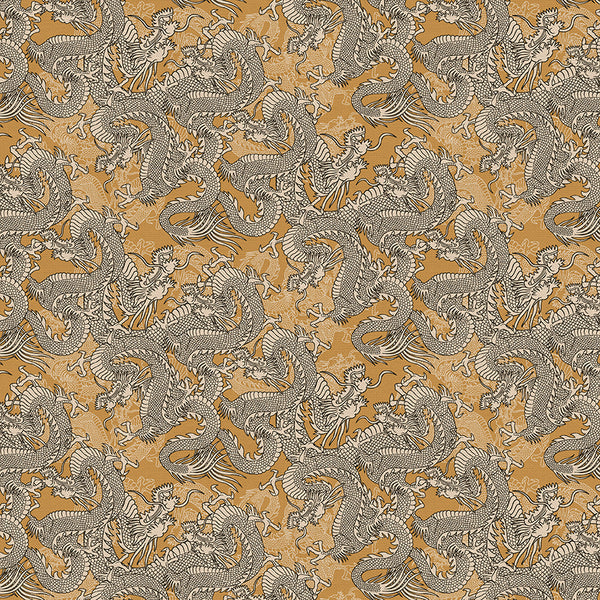 Dragons in Gold from the Kimonos & Koi Collection - Paintbrush Fabrics