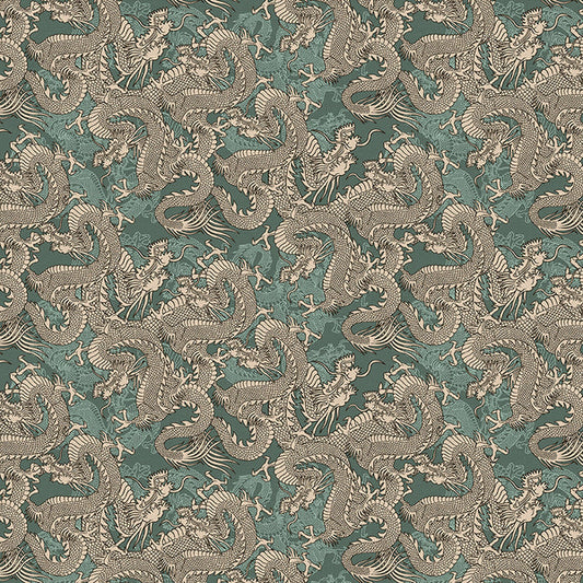 Dragons in Teal from the Kimonos & Koi Collection - Paintbrush Fabrics