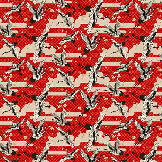 Cranes in Red from the Kimonos & Koi Collection - Paintbrush Fabrics
