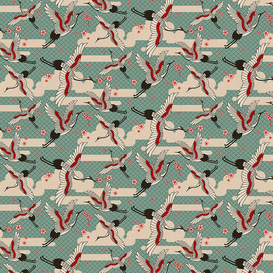 Cranes in Teal from the Kimonos & Koi Collection - Paintbrush Fabrics