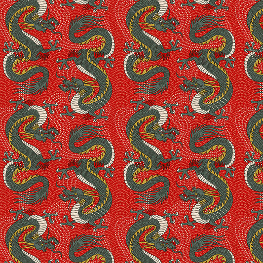 Bold Dragon in Red from the Kimonos & Koi Collection - Paintbrush Fabrics