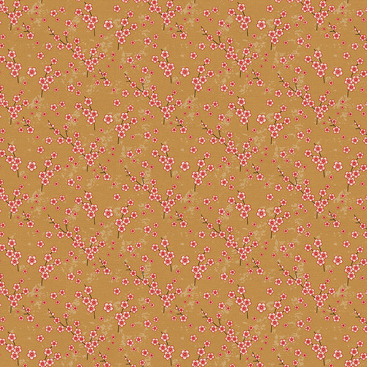 Cherry Blossom in Gold from the Kimonos & Koi Collection - Paintbrush Fabrics