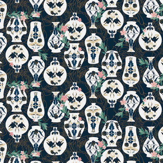 Decorative Pots in Navy from the Year of the Snake Collection - Paintbrush Fabrics