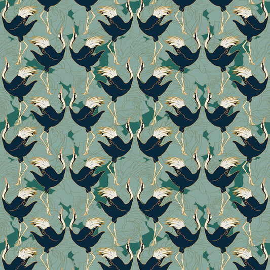 Cranes in Green from the Year of the Snake Collection - Paintbrush Fabrics