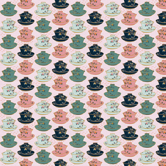 Teapots in Pink from the Year of the Snake Collection - Paintbrush Fabrics
