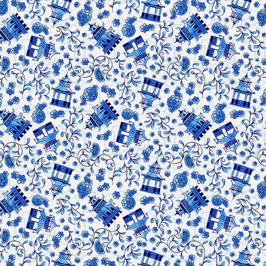 Pagoda Toss in Blue & White from the Chinoiserie Collection - Paintbrush Fabrics