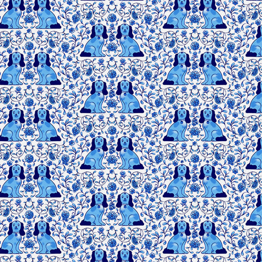 Porcelain Dogs in Blue & White from the Chinoiserie Collection - Paintbrush Fabrics