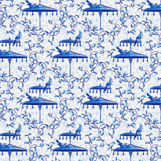 Umbrellas & Birds in Blue & White from the Chinoiserie Collection - Paintbrush Fabrics