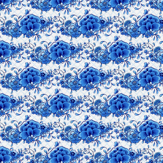 Flowers in Blue & White from the Chinoiserie Collection - Paintbrush Fabrics
