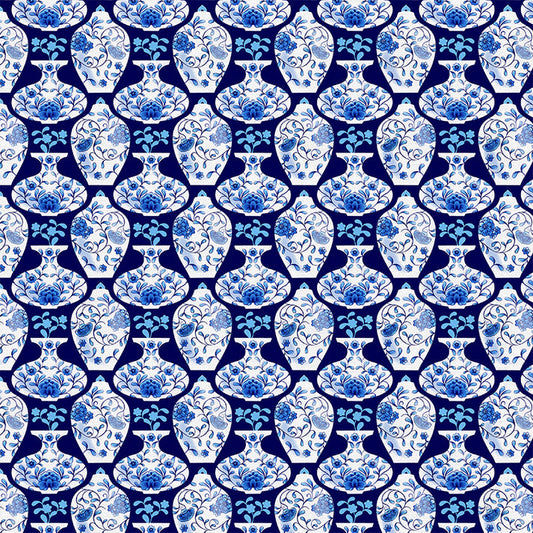 Porcelain Pots in Dark Blue from the Chinoiserie Collection - Paintbrush Fabrics