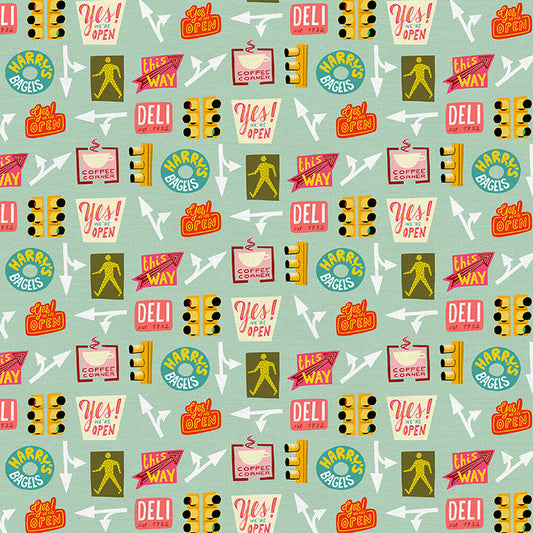 Street Life Icons in Blue from the City Life Collection - Paintbrush Fabrics