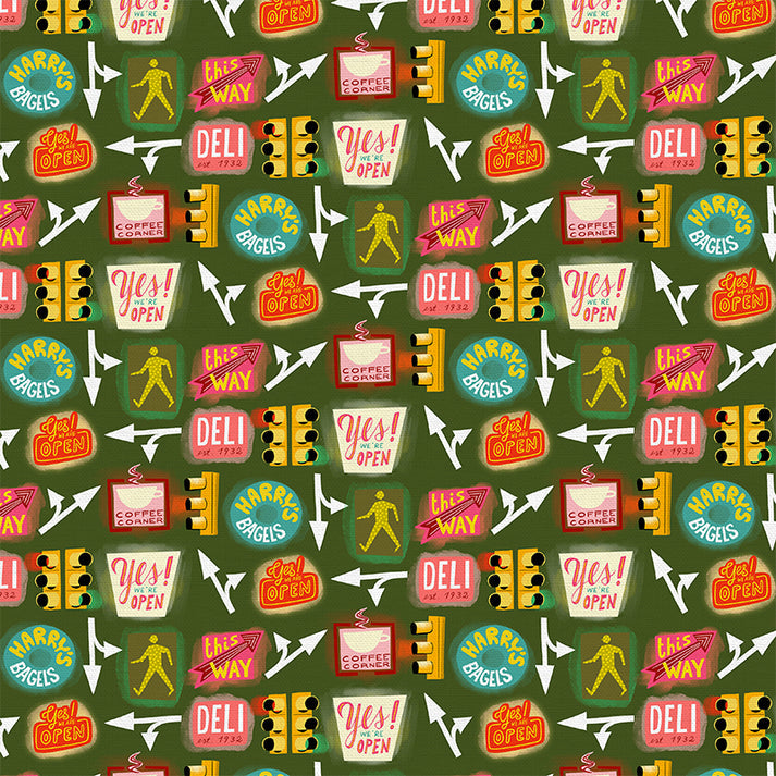Street Life Icons in Green from the City Life Collection - Paintbrush Fabric