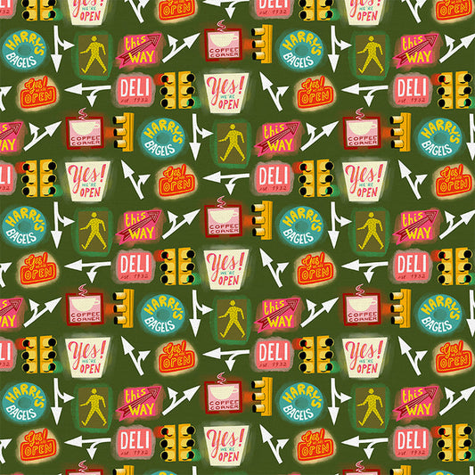 Street Life Icons in Green from the City Life Collection - Paintbrush Fabric