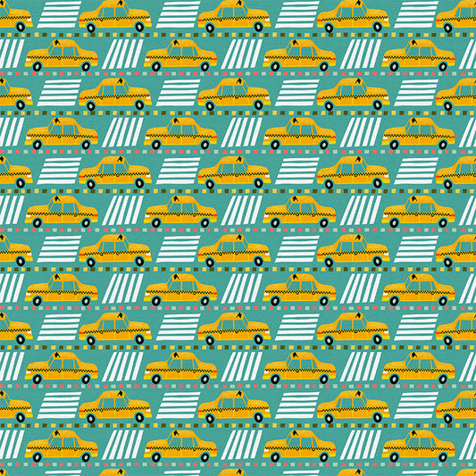 Yellow Cab in Blue from the City Life Collection - Paintbrush Fabric